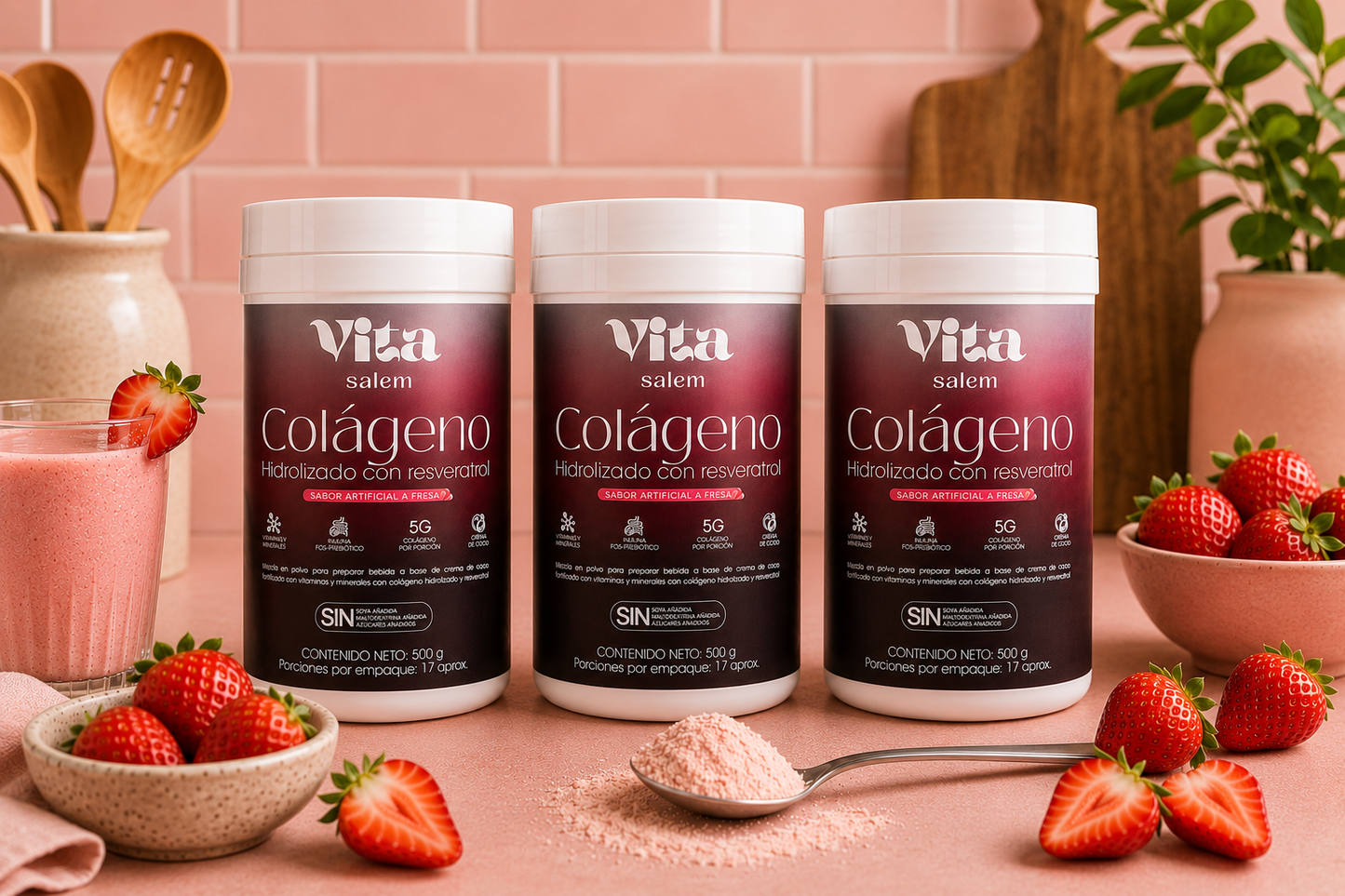 Colágeno con resveratrol  sabor a fresa combo x 3